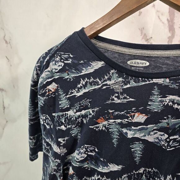 Old Navy T Shirt Mens Medium Navy Crew Tent Snow Camping Trees Trail Hiking - Picture 2 of 9